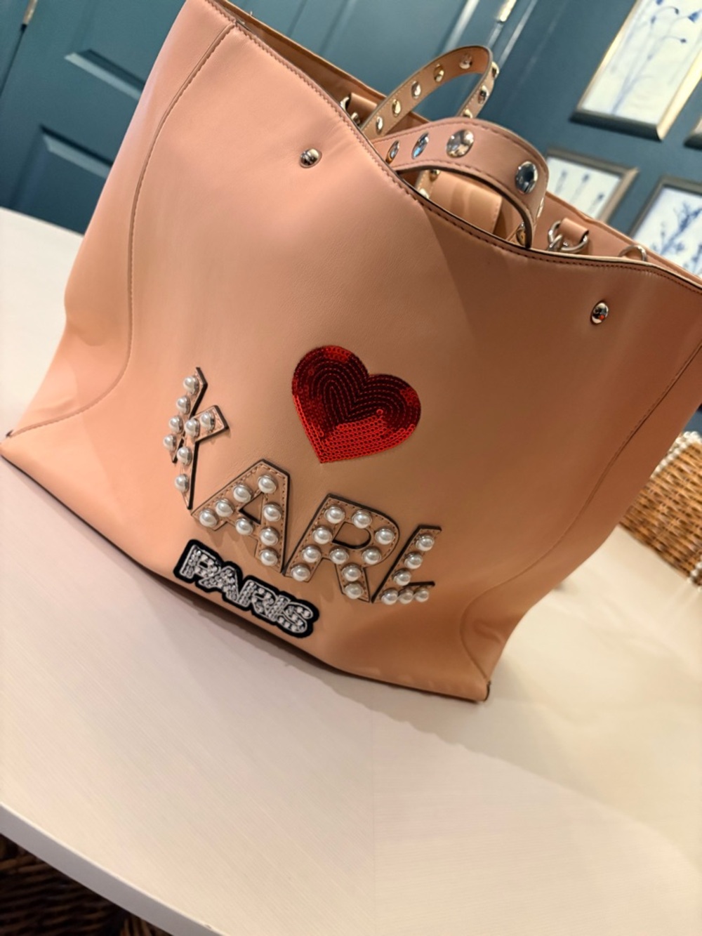 Karl Lagerfeld Peach-Pink Pearl & Sequin Logo Tote